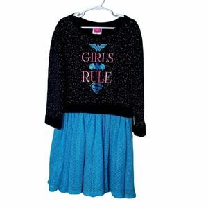 DC COMICS Girls Dress Black Blue Super Hero Speckled‎ Long Sleeve Sz L (10/12)